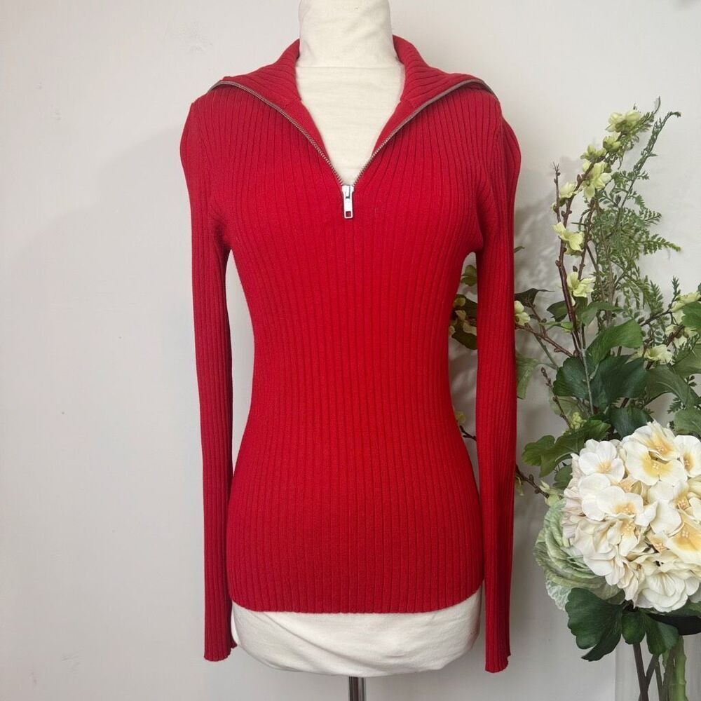 Maeve Anthropologie Red Ribbed Half-Zip Sweater Top Size M